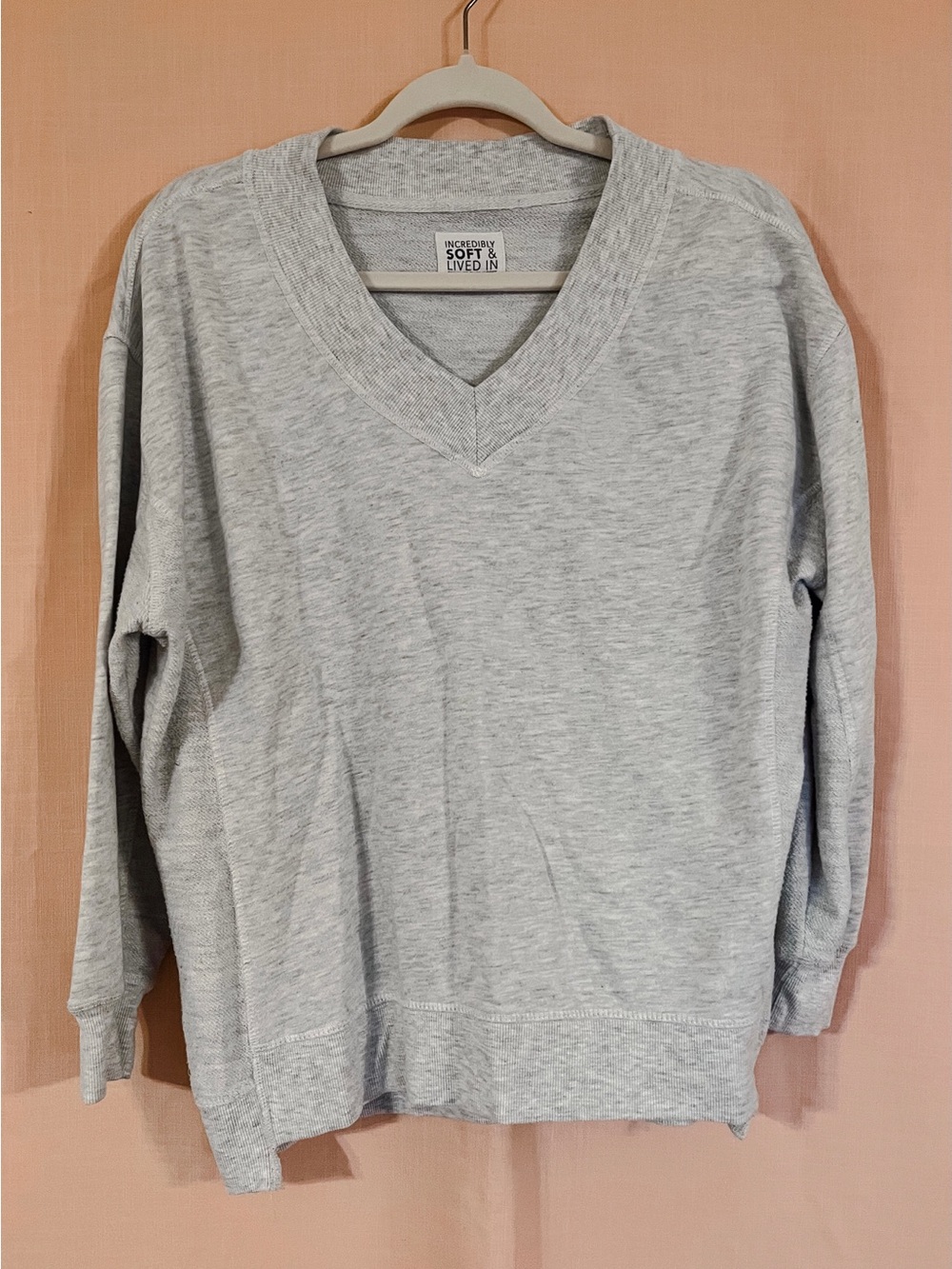 Pink Rose Heather Light Gray V-Neck Pullover Comfy Sweatshirt